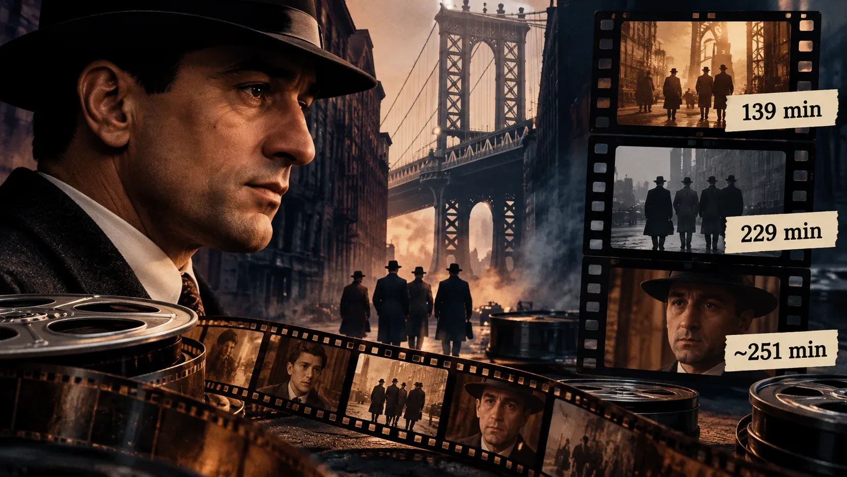 Colagem cinematográfica em tons sépia e azul com homem de chapéu, ponte urbana, rolos de película e três quadros identificados como 139, 229 e cerca de 251 minutos.