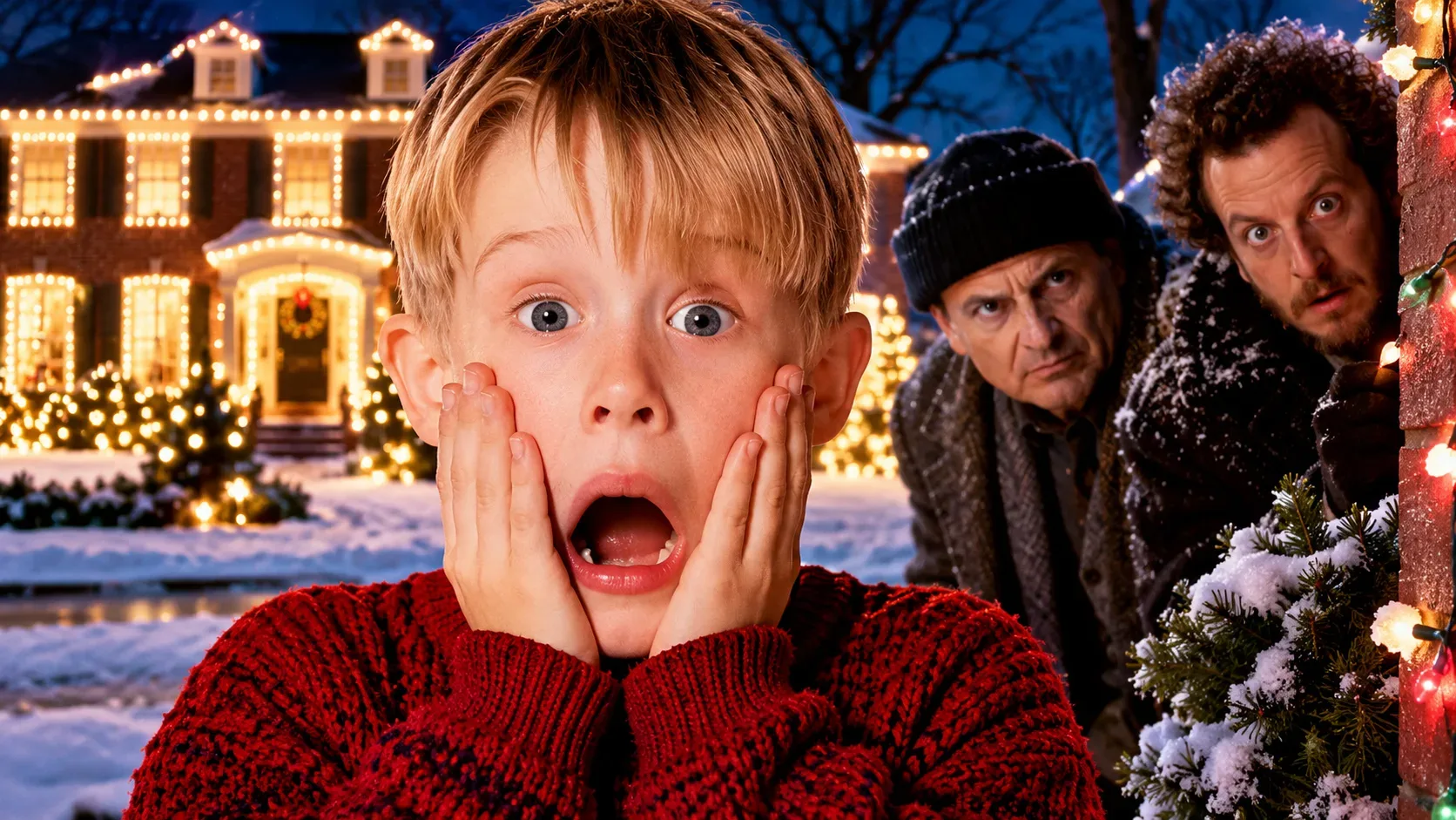 Kevin assustado com as mãos no rosto diante de uma casa nevada iluminada para o Natal, enquanto Harry e Marv espiam ao fundo.