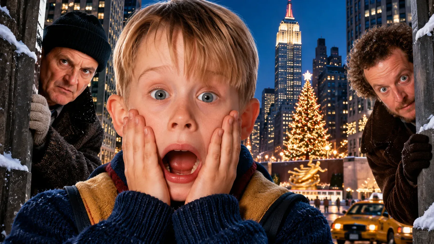 Garoto loiro com as mãos no rosto em expressão de surpresa, ladeado por dois homens de roupas de inverno, diante de Nova York iluminada para o Natal.
