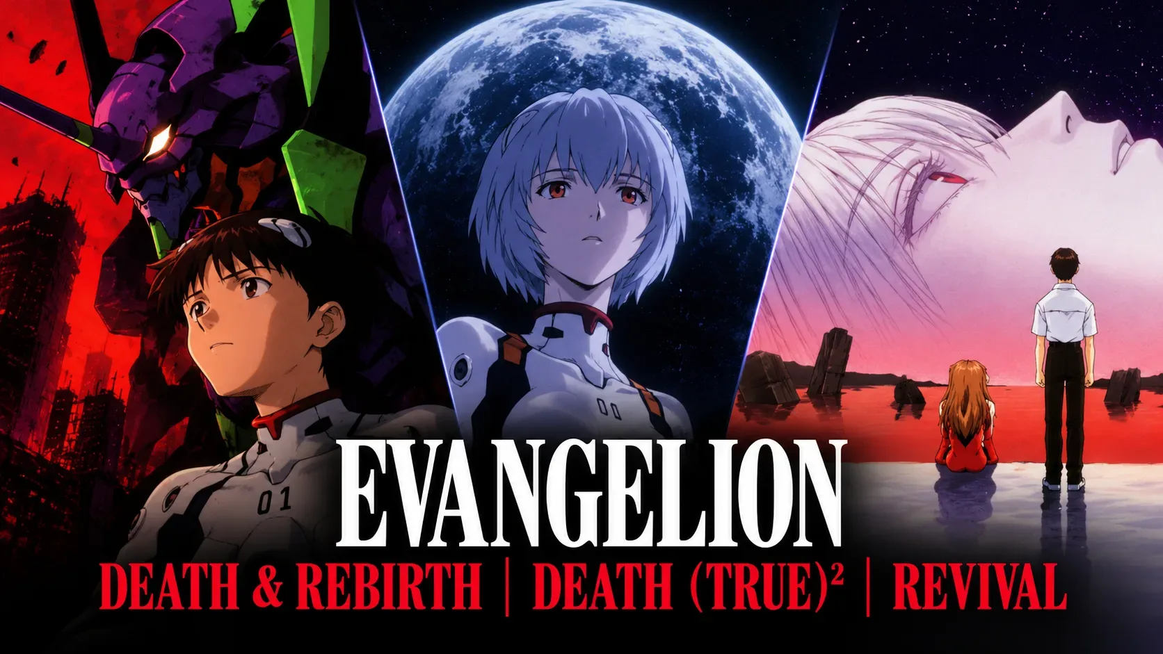 Capa em três painéis vermelhos, azuis e rosados com Shinji, Rei, Asuka, uma unidade Evangelion e títulos das versões na faixa inferior.