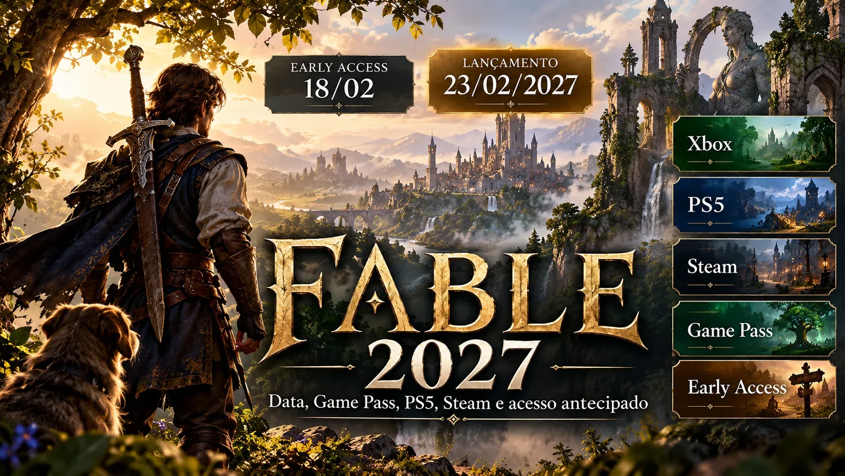 Capa de Fable 2027 com aventureiro e cão diante de castelo em vale fantástico; painéis indicam Xbox, PS5, Steam, Game Pass e datas de acesso.