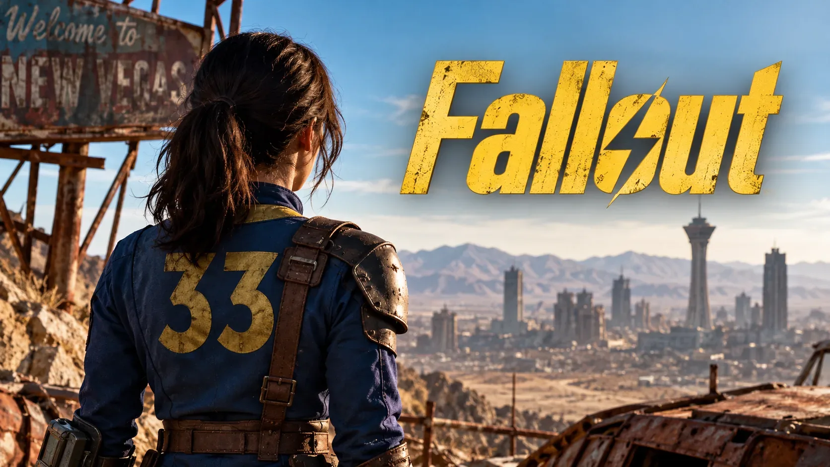 Mulher de costas com uniforme azul do Refúgio 33 diante de New Vegas em ruínas, com o grande logotipo amarelo de Fallout no céu.