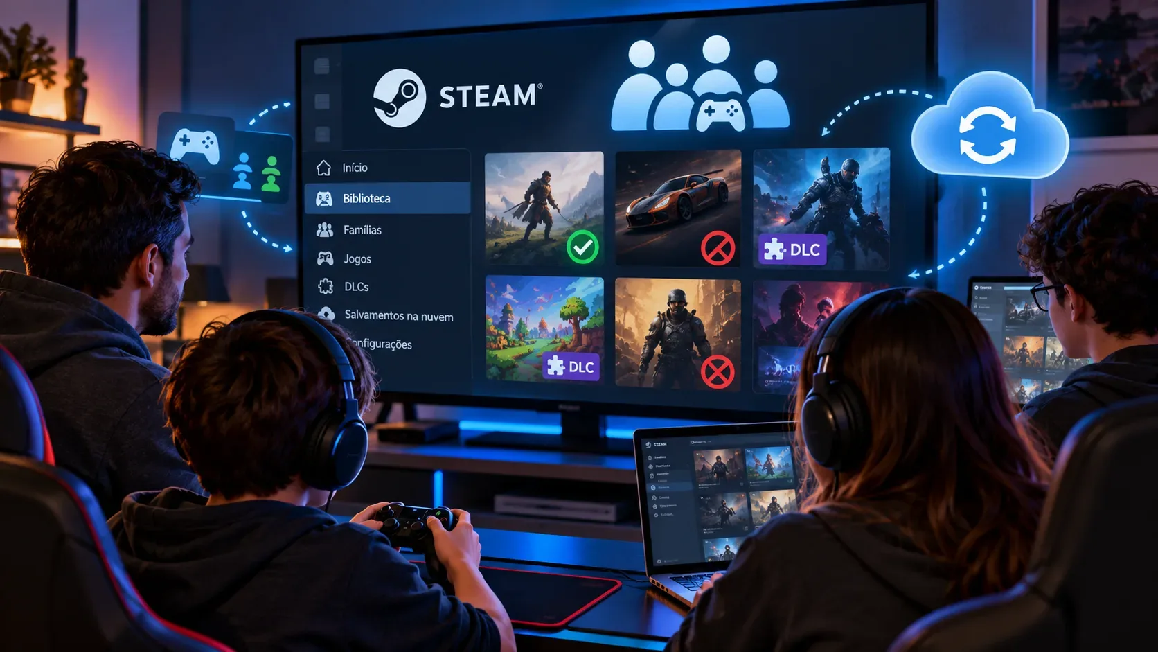 Quatro pessoas diante de uma tela da Steam com biblioteca familiar, jogos disponíveis ou bloqueados, indicadores de DLC e ícone de nuvem.