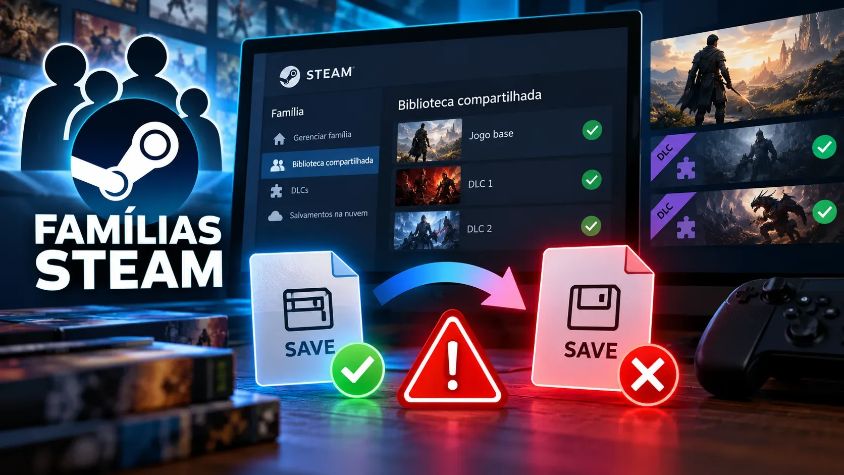 Arte digital com silhuetas de familiares, biblioteca Steam compartilhada e dois ícones de arquivo SAVE, um com confirmação e outro com aviso vermelho.