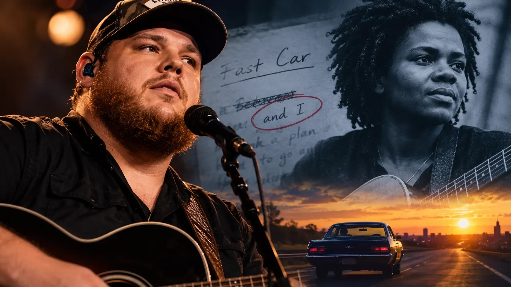 Montagem artística com Luke Combs ao microfone e Tracy Chapman com violão, anotações manuscritas de Fast Car e um carro em uma estrada ao pôr do sol.