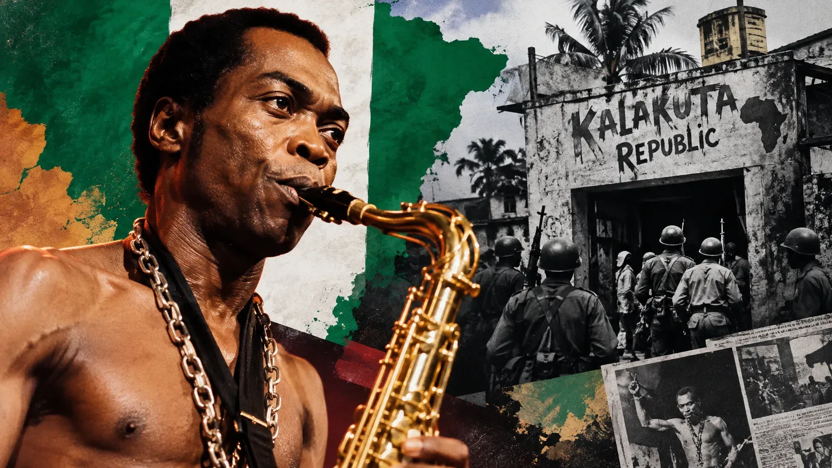 Colagem ilustrada de Fela Kuti tocando saxofone, com soldados diante da República de Kalakuta e as cores da bandeira nigeriana.
