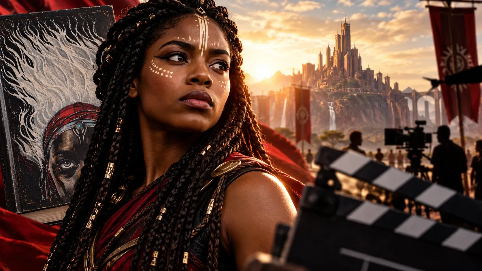 Ilustração de fantasia com jovem mulher negra de tranças e marcas brancas no rosto, livro ilustrado à esquerda, claquete e equipe de filmagem diante de uma fortaleza ao pôr do sol.