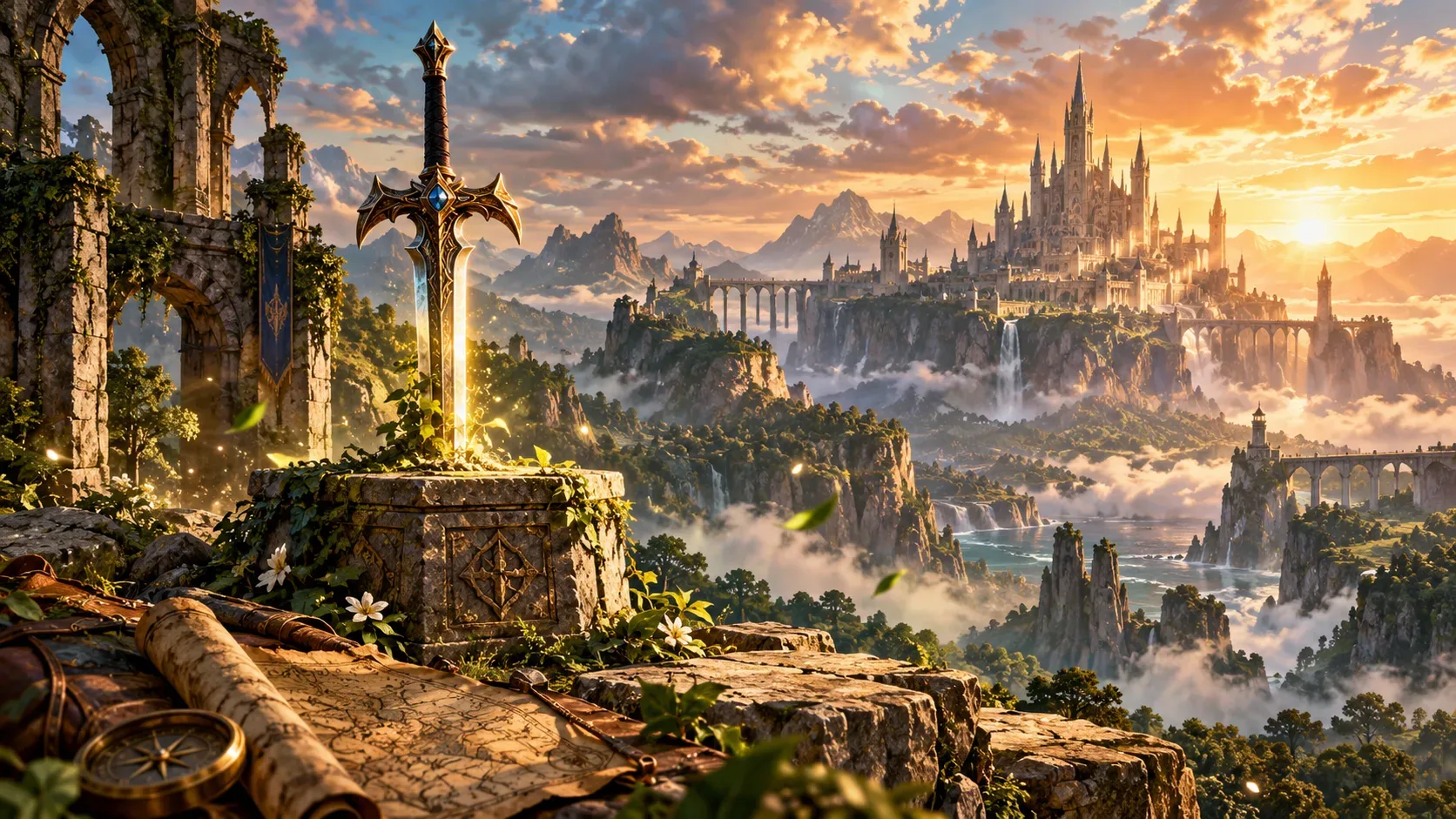 Ilustração de fantasia com espada luminosa em pedestal de pedra, mapa antigo e castelo sobre montanhas envoltas por névoa ao pôr do sol.