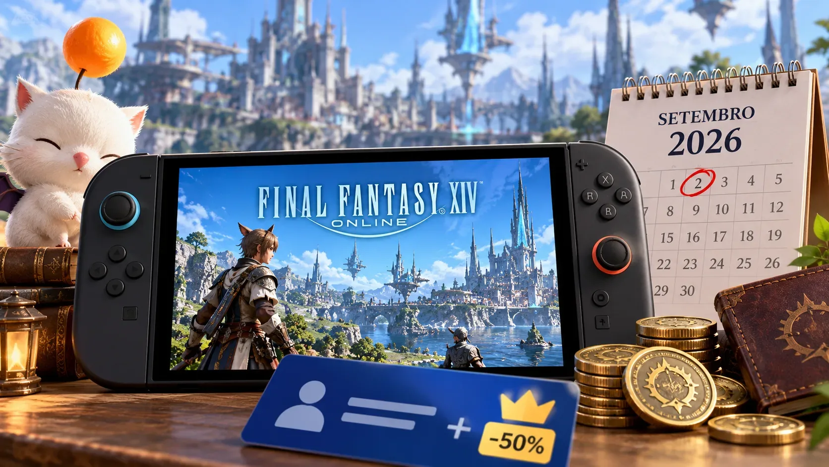 Console portátil exibindo cenário de fantasia, ao lado de um moogle, calendário de setembro de 2026, moedas douradas e cartão azul com indicação de 50% de desconto.