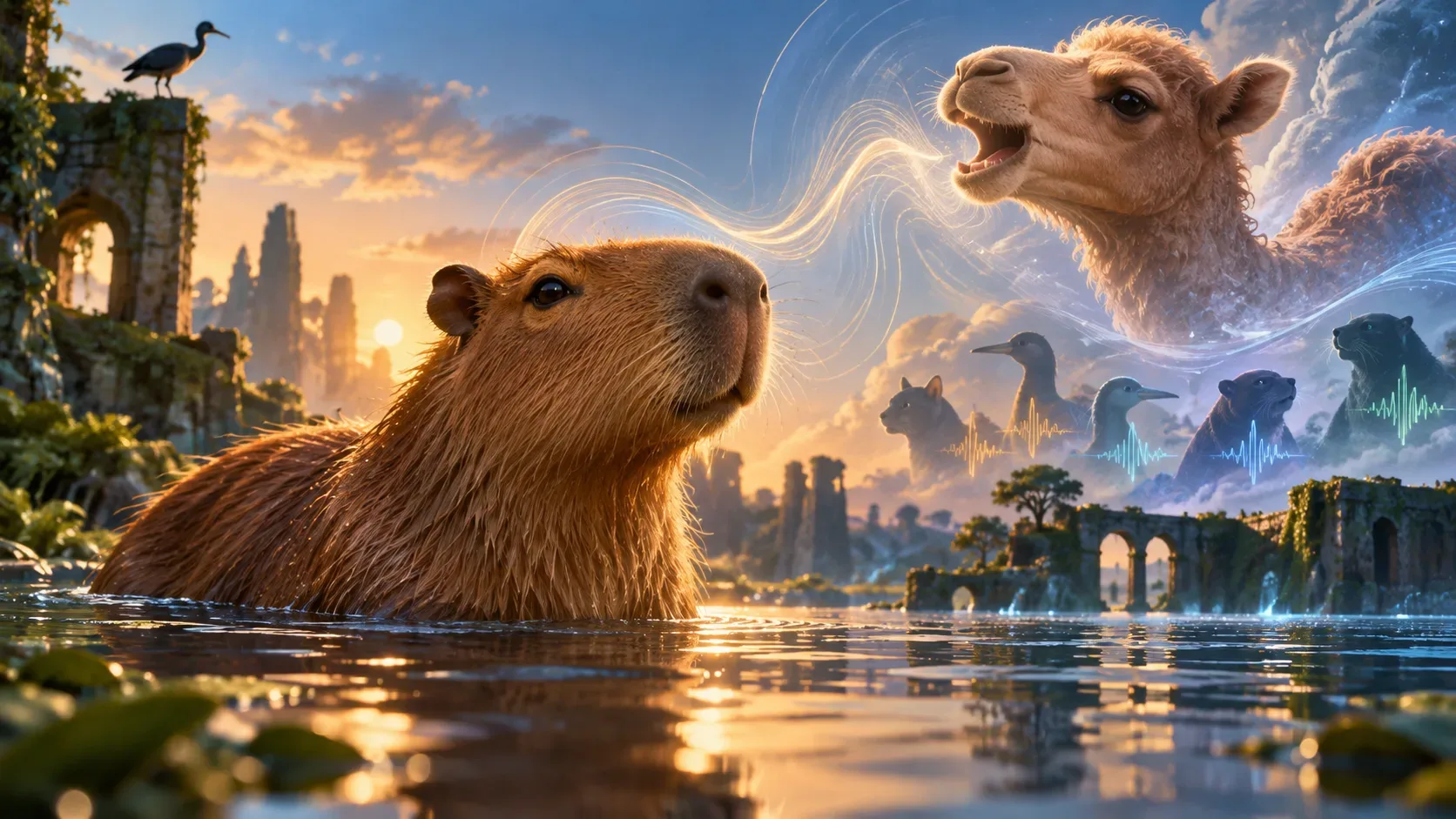 Capivara na água ao pôr do sol, com um filhote de camelo sobreposto no céu, ondas sonoras luminosas, silhuetas de outros animais e ruínas ao fundo.