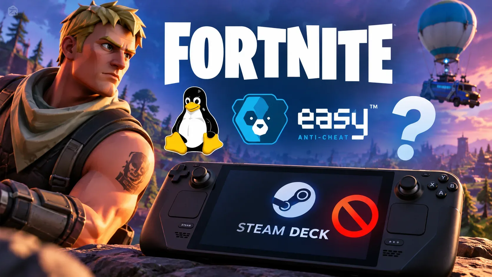 Arte digital de personagem de cabelo escuro e óculos vermelhos com Fortnite refletido nas lentes, diante de um console portátil Steam Deck.