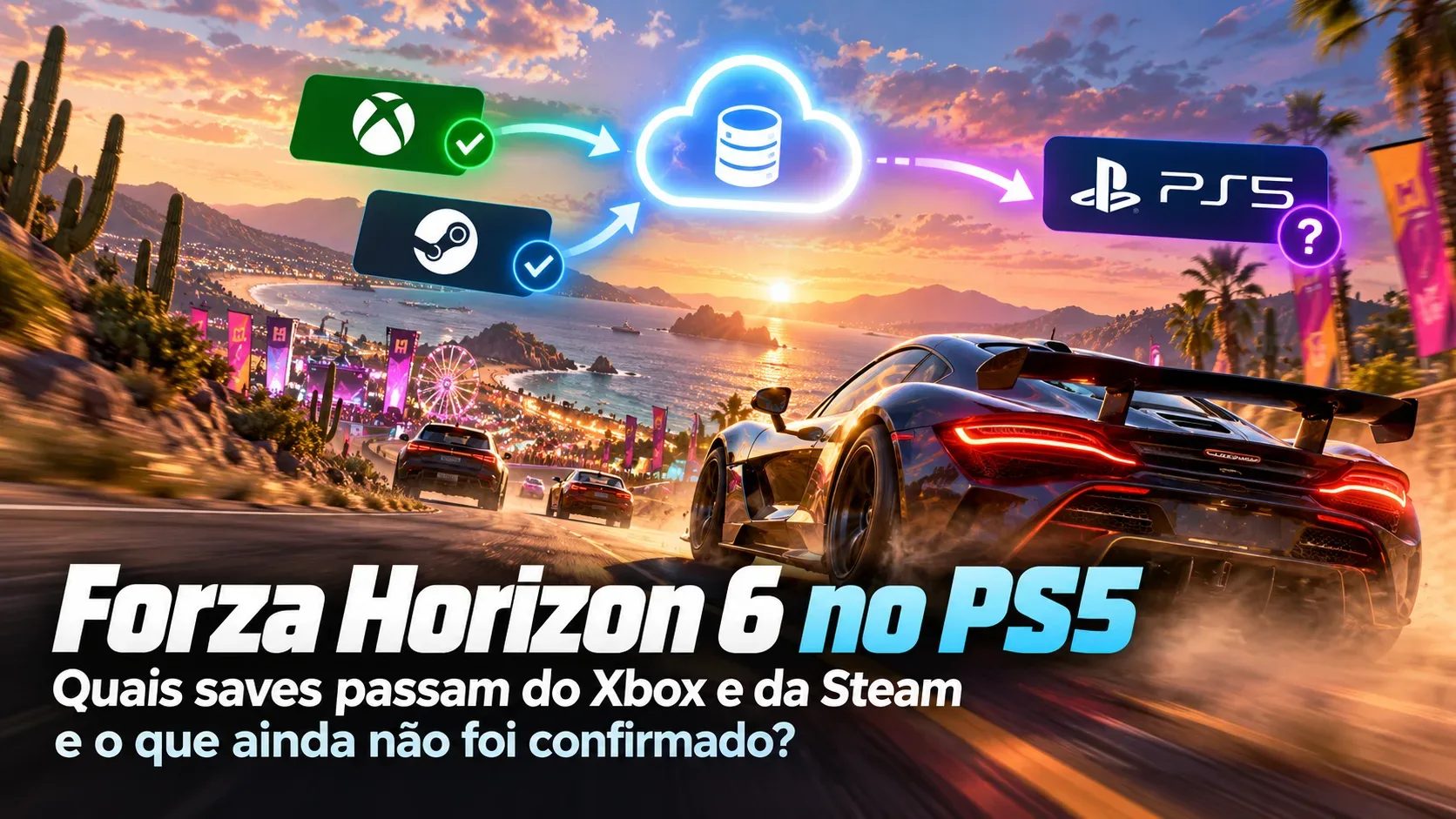 Carro esportivo em corrida por estrada costeira ao pôr do sol, com símbolos de Xbox, Steam, nuvem e PS5 e manchete sobre transferência de saves.