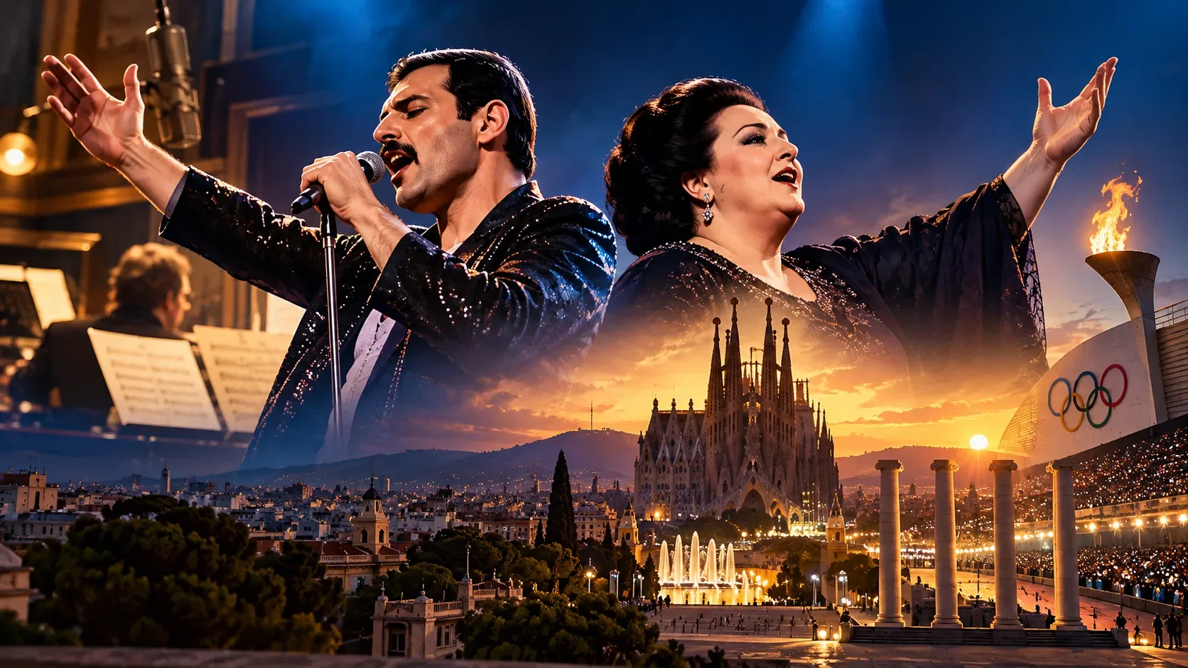 Montagem artística de Freddie Mercury e Montserrat Caballé cantando, com microfone, partituras, a paisagem de Barcelona ao pôr do sol e símbolos olímpicos ao fundo.