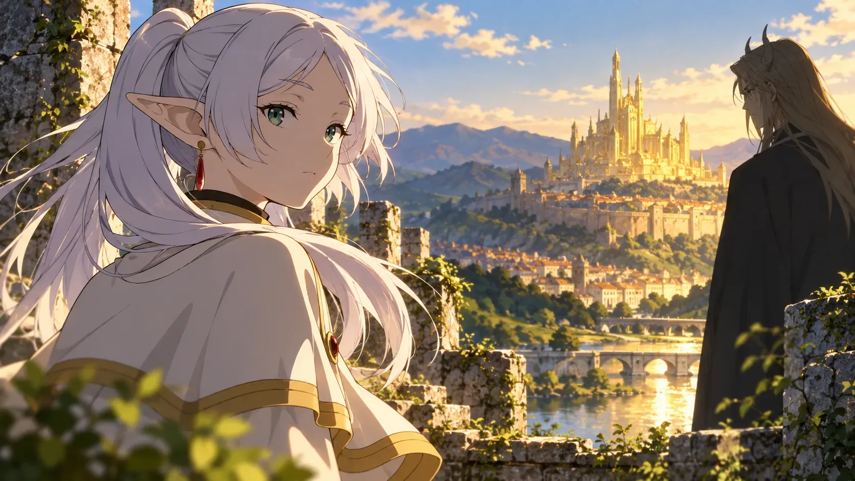 Ilustração em estilo anime com elfa de cabelos prateados em primeiro plano, figura sombria de capa à direita e cidade dourada iluminada ao fundo.