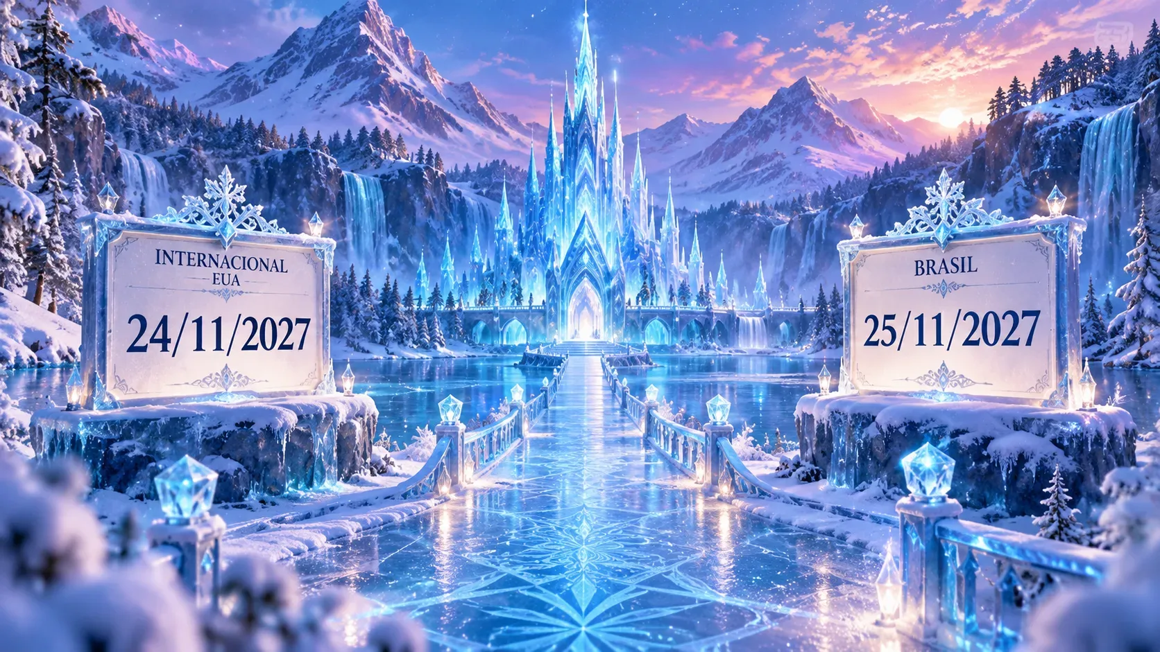 Paisagem de inverno mágico com palácio de gelo iluminado, caminho congelado e dois calendários: EUA em 24/11/2027 e Brasil em 25/11/2027.