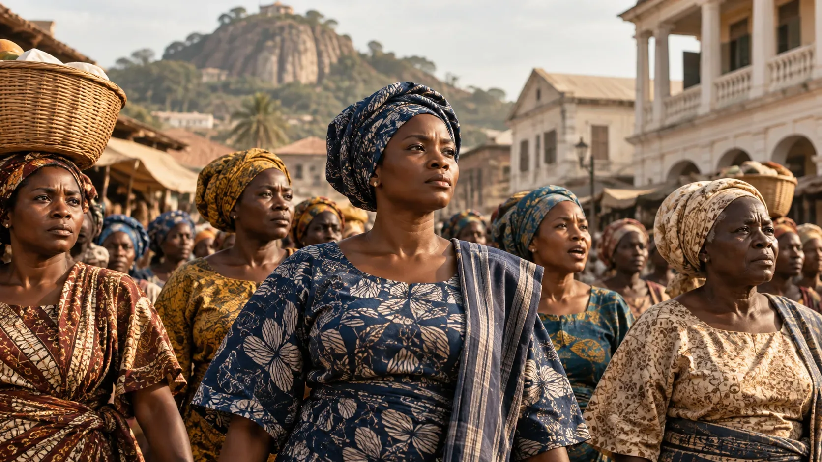 Imagem editorial de mulheres nigerianas em roupas tradicionais reunidas em um mercado, com uma mulher de azul à frente, edifícios e uma colina rochosa ao fundo.