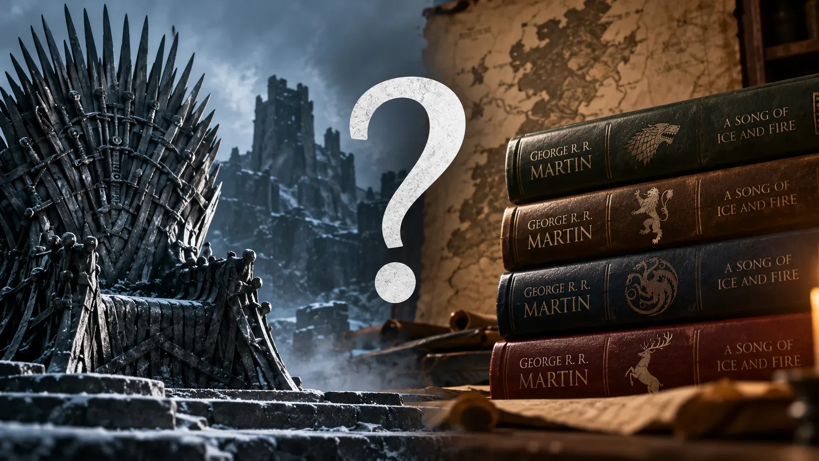 Montagem dividida: Trono de Ferro em cenário gelado à esquerda, livros de George R. R. Martin à direita e um grande ponto de interrogação ao centro.