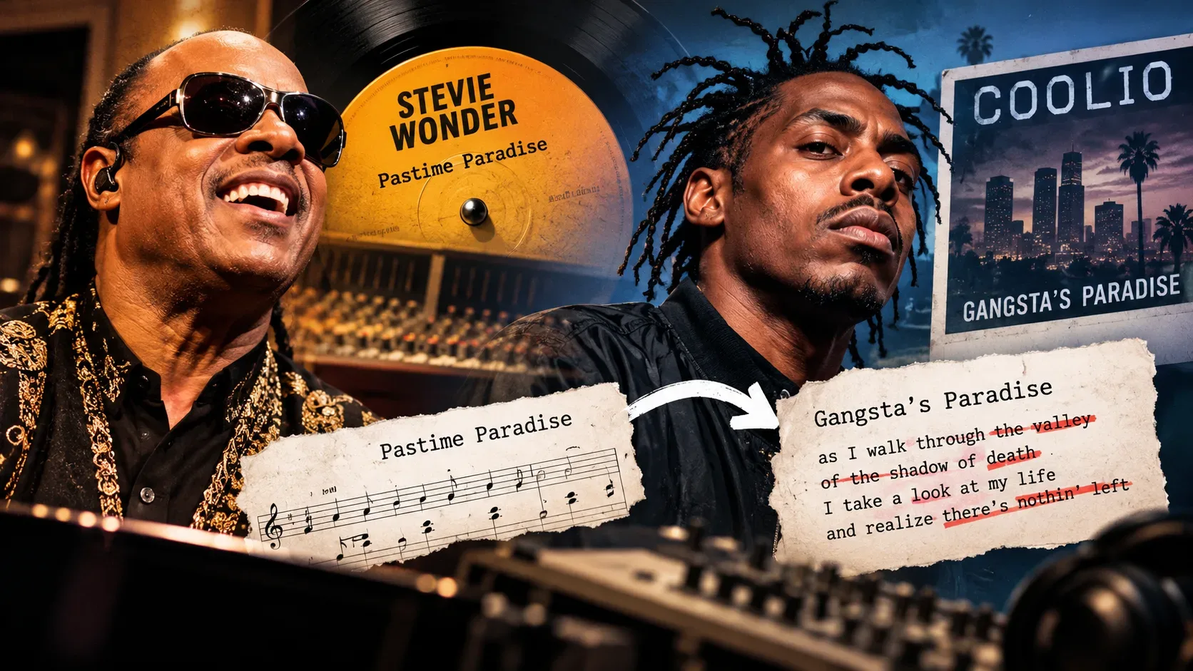 Colagem ilustrativa com retratos de Stevie Wonder e Coolio, vinil, equipamentos de estúdio e folhas com letras rasuradas.