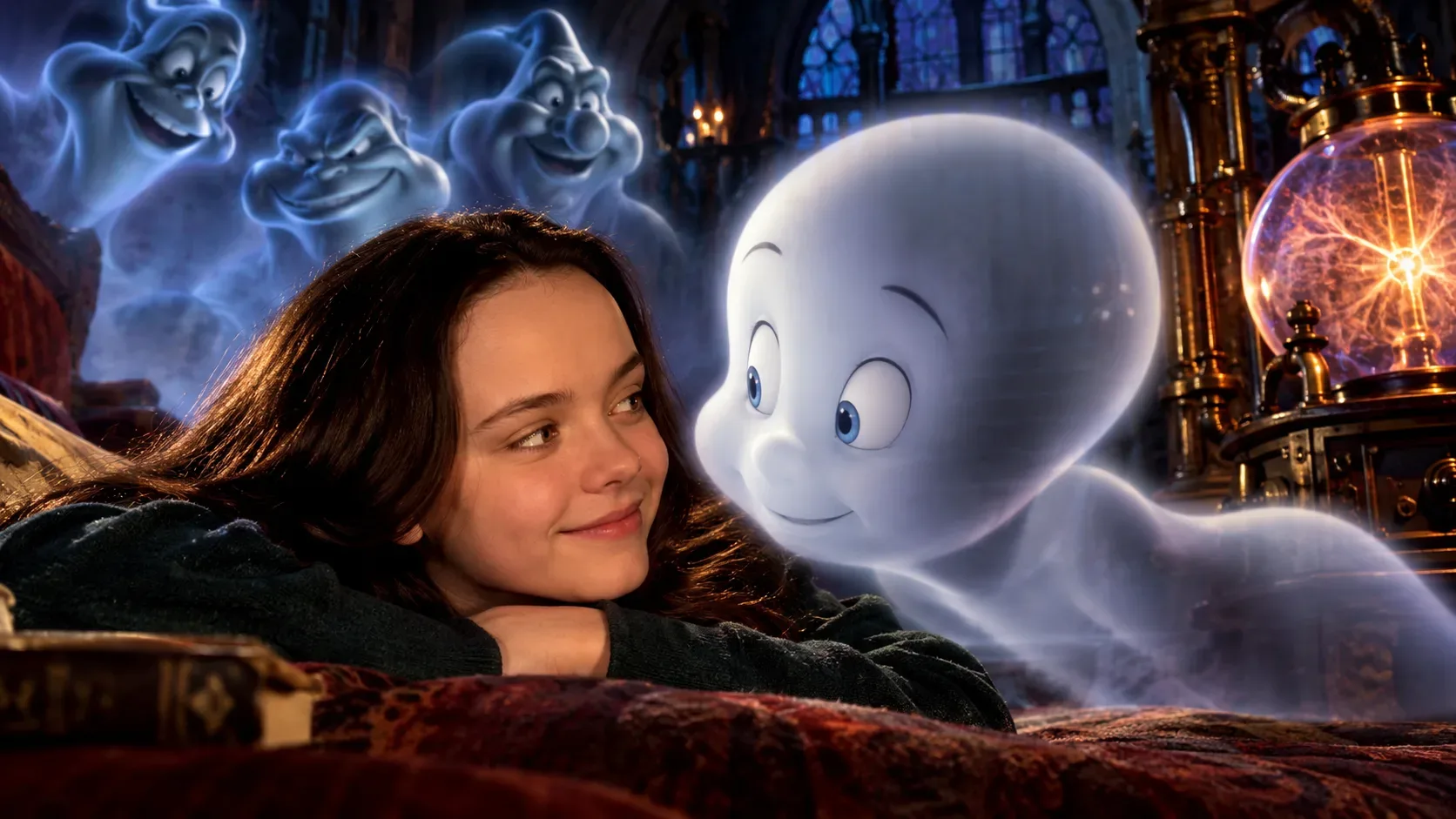 Ilustração de uma garota de cabelos escuros ao lado de um fantasma branco sorridente em uma mansão gótica, com três fantasmas ao fundo e uma máquina luminosa à direita.