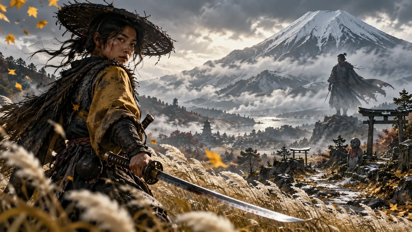 Arte digital com samurai de manto amarelo segurando uma katana em campo de capim, outro guerreiro distante e montanha nevada sob nuvens.