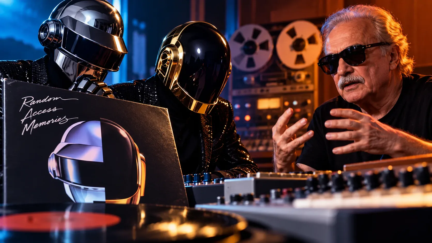 Ilustração editorial de Daft Punk com capacetes metálicos ao lado de Giorgio Moroder em estúdio, com vinil e capa de Random Access Memories, sob luzes azuis e alaranjadas.