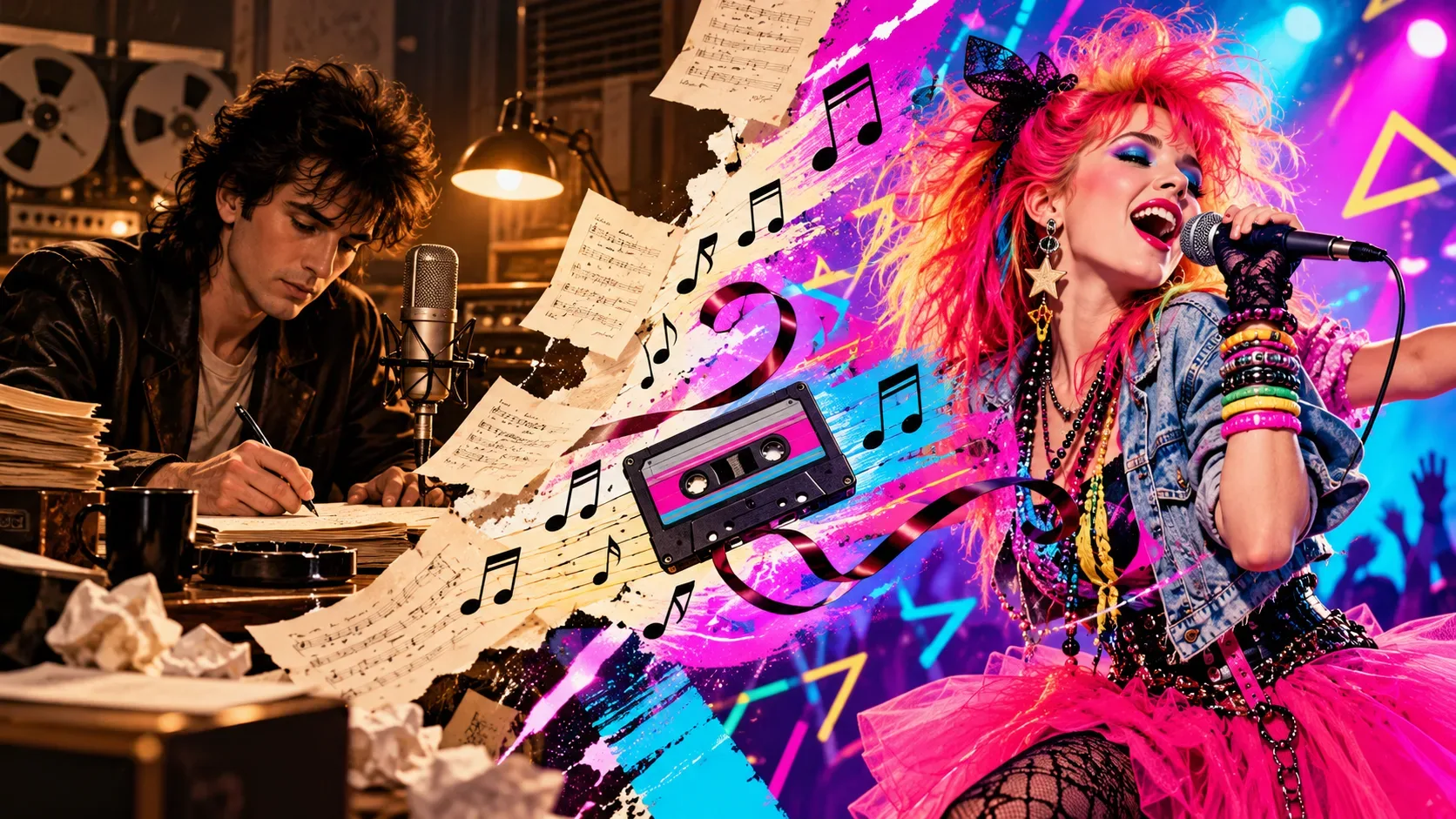 Ilustração dividida entre compositor em estúdio de iluminação quente e cantora pop de cabelos coloridos sob luzes neon, ligados por partituras e fita cassete.
