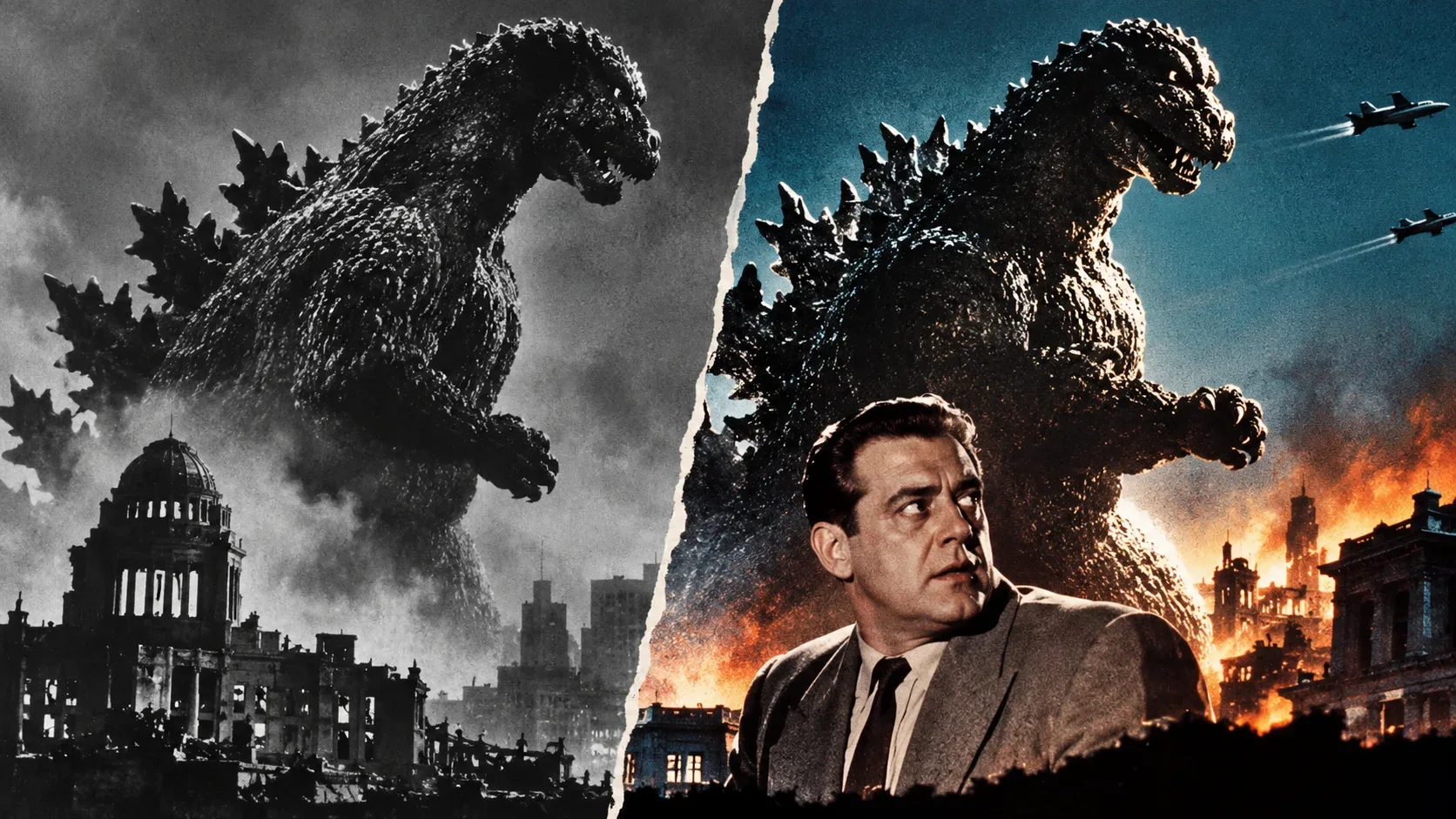 Montagem editorial dividida por rasgo diagonal, com Godzilla sobre ruínas em preto e branco à esquerda e uma cena azul e alaranjada com o monstro, aviões e um repórter de terno à direita.