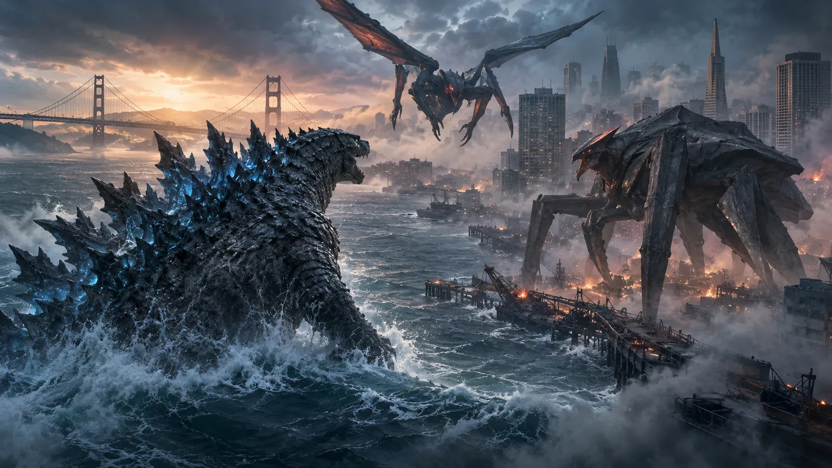 Ilustração de Godzilla emergindo da baía de São Francisco diante de dois monstros, um alado e outro com várias patas, sob fumaça e nuvens de tempestade.
