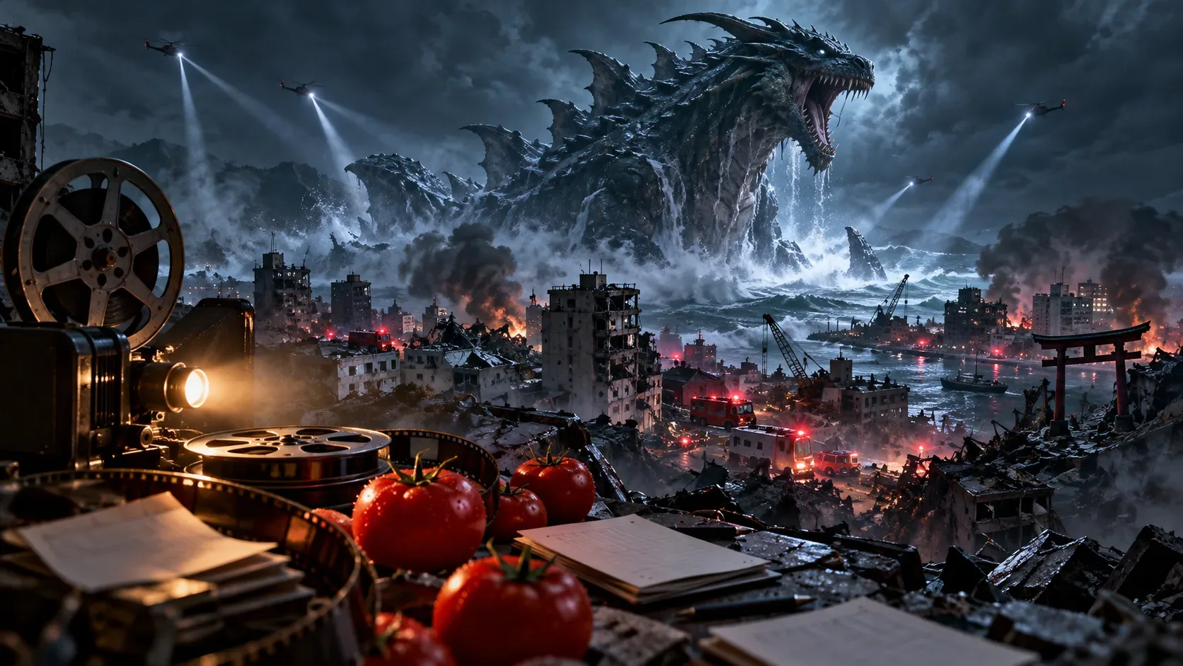Monstro marinho gigantesco se ergue atrás de cidade costeira em ruínas, com projetor de cinema, rolos de filme e tomates vermelhos em primeiro plano.