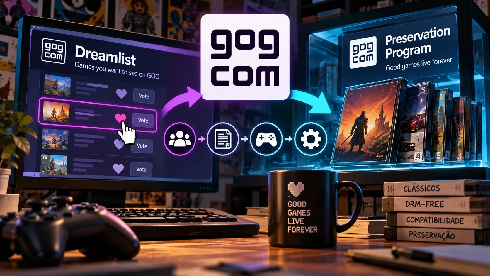 Ilustração de mesa gamer com monitor exibindo votos da GOG Dreamlist e vitrine azul do Preservation Program, conectados por setas.