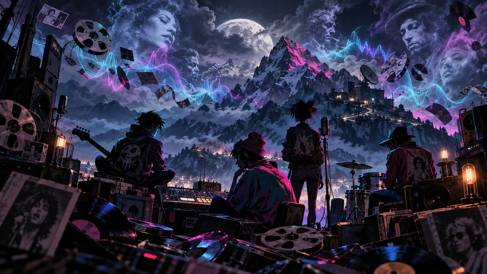 Quatro músicos ilustrados diante de uma montanha noturna, cercados por fitas de áudio, rostos fantasmagóricos e ondas sonoras neon.