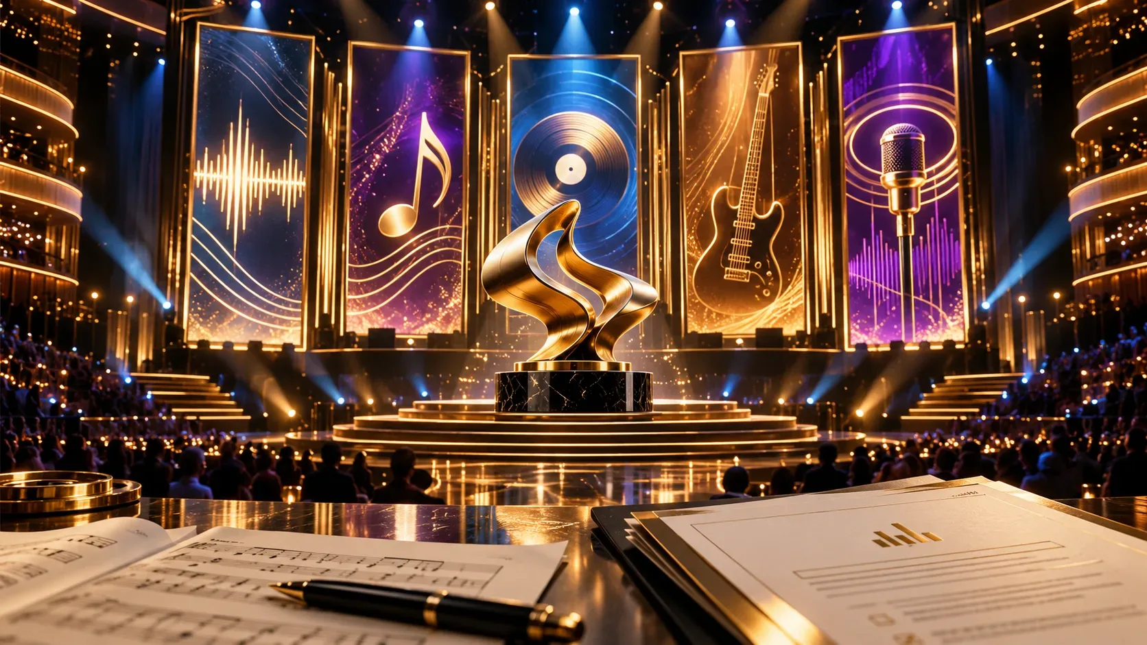 Palco de premiação musical com escultura dourada abstrata, cinco painéis iluminados com símbolos musicais e partituras em primeiro plano.