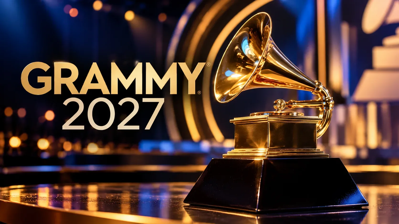 Capa horizontal com o texto dourado Grammy 2027 à esquerda e um troféu dourado de gramofone à direita, em palco iluminado com tons azuis e âmbar.
