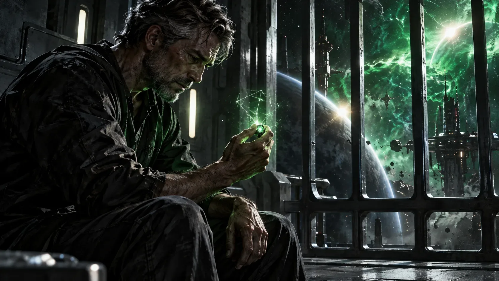 Homem grisalho sentado em prisão espacial escura observa um anel verde luminoso, com planetas e estruturas cósmicas além das grades.