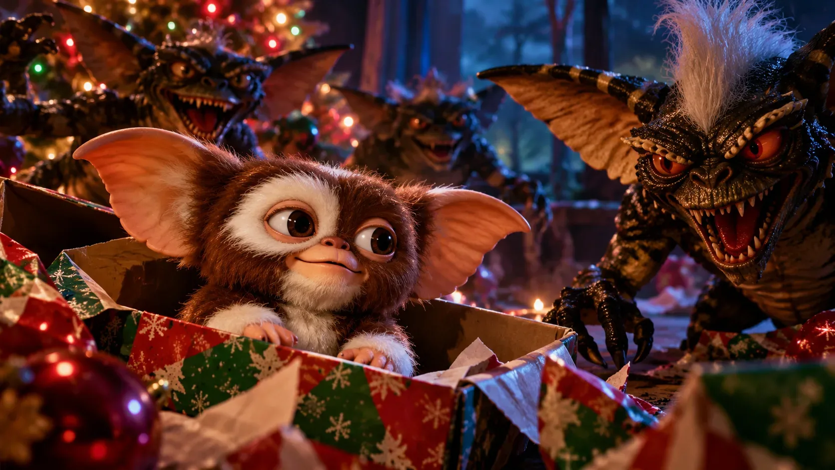 Ilustração de Gizmo em uma caixa de presente de Natal, cercado por gremlins ameaçadores e luzes festivas.
