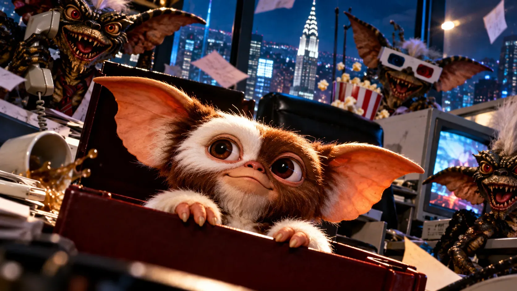 Gizmo, pequeno mogwai de orelhas grandes, surge de uma gaveta em escritório caótico, cercado por gremlins e luzes de Nova York.