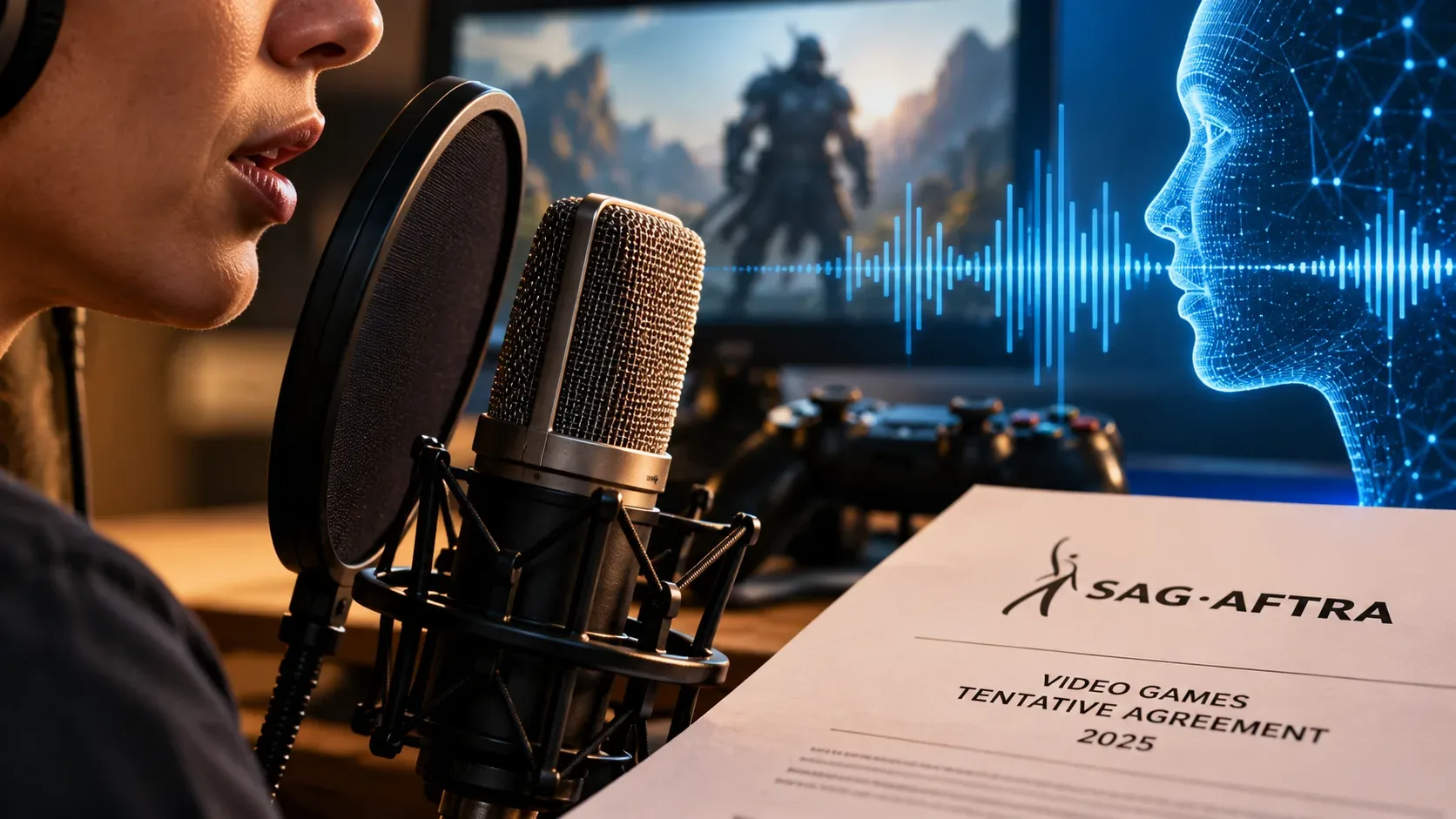 Ilustração de uma pessoa falando diante de um microfone, com um rosto digital azul, controle de videogame e documento da SAG-AFTRA.