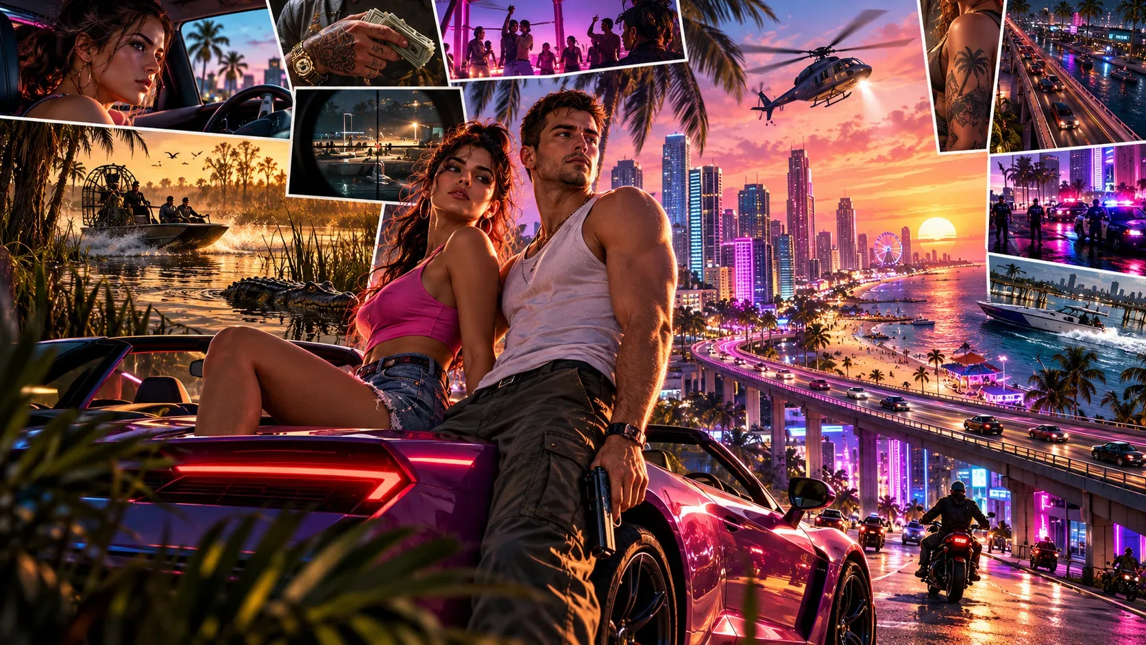 Arte panorâmica de uma dupla sobre um carro esportivo em cidade costeira iluminada por neon, cercada por cenas de helicóptero, barcos, pântano e perseguições.