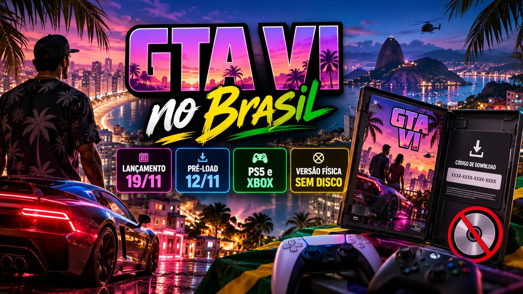 Arte editorial de GTA VI com cidade litorânea iluminada, carro esportivo, manchete sobre o Brasil, datas de lançamento e pré-load, controles e caixa aberta com código de download e símbolo de disco riscado.