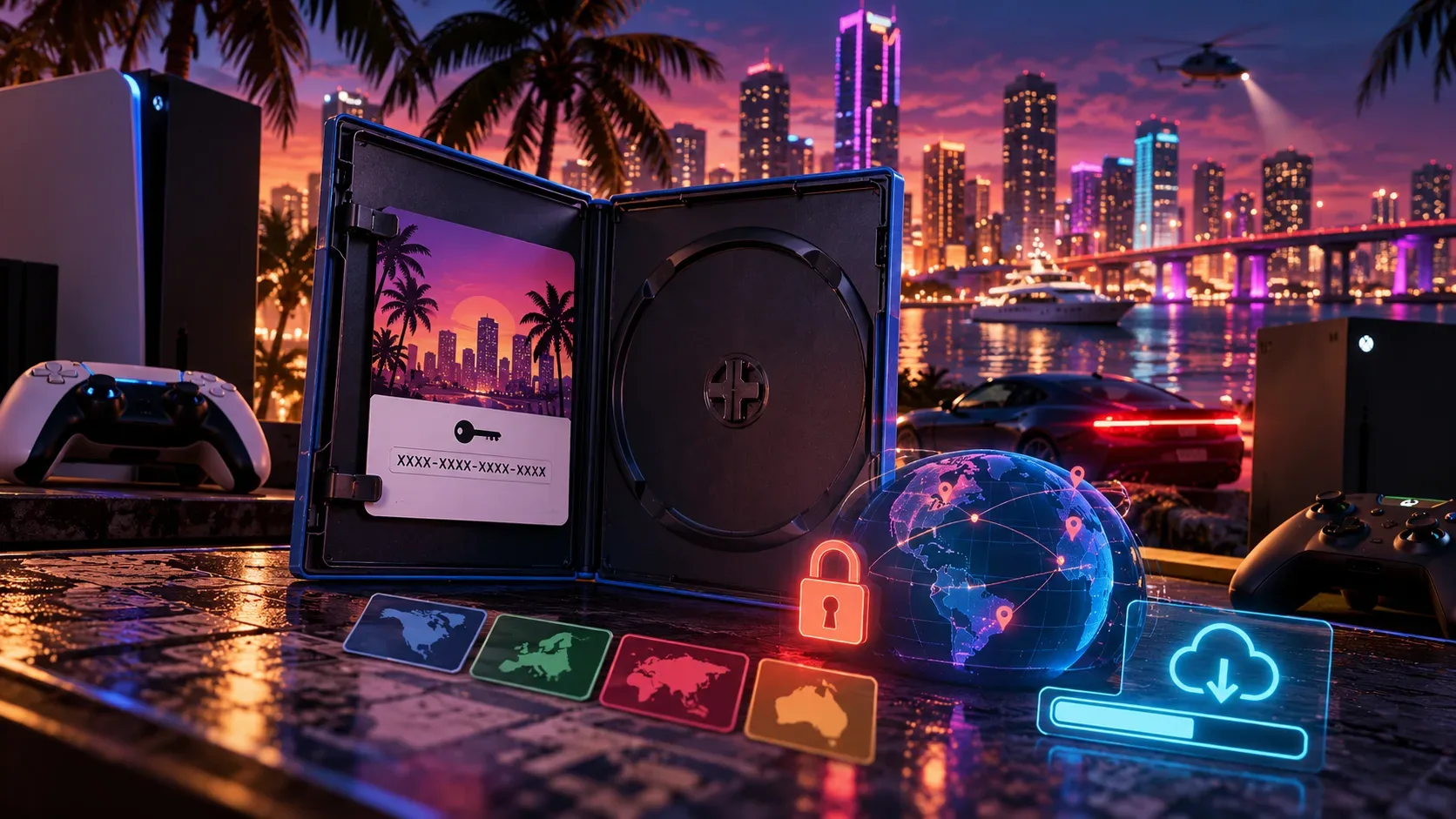 Caixa de jogo aberta sem disco, com cartão de código digital, controles de consoles, globo com regiões, cadeado e símbolo de download diante de cidade litorânea iluminada por neon.