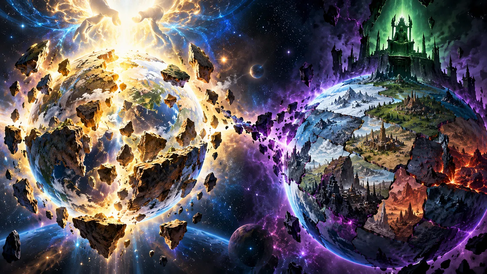 Ilustração espacial comparando dois mundos fragmentados: à esquerda, um planeta cercado por rochas e luz dourada; à direita, um planeta formado por regiões distintas sob uma fortaleza sombria.