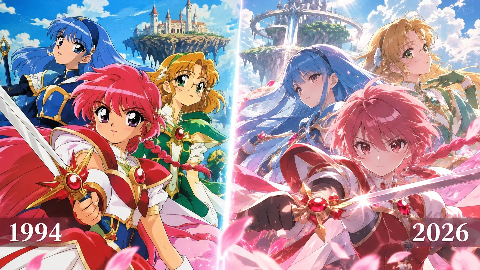 Ilustração horizontal dividida entre estilos de anime de 1994 e 2026, com três guerreiras mágicas de cada lado, espadas, castelos flutuantes e os anos 1994 e 2026.