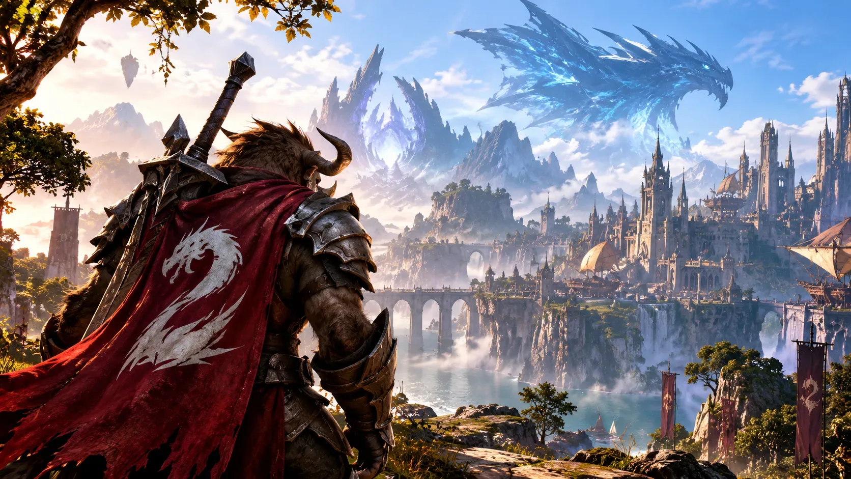 Guerreiro charr de armadura e capa vermelha, visto de costas, diante de uma cidade fantástica e de um dragão azulado no céu.