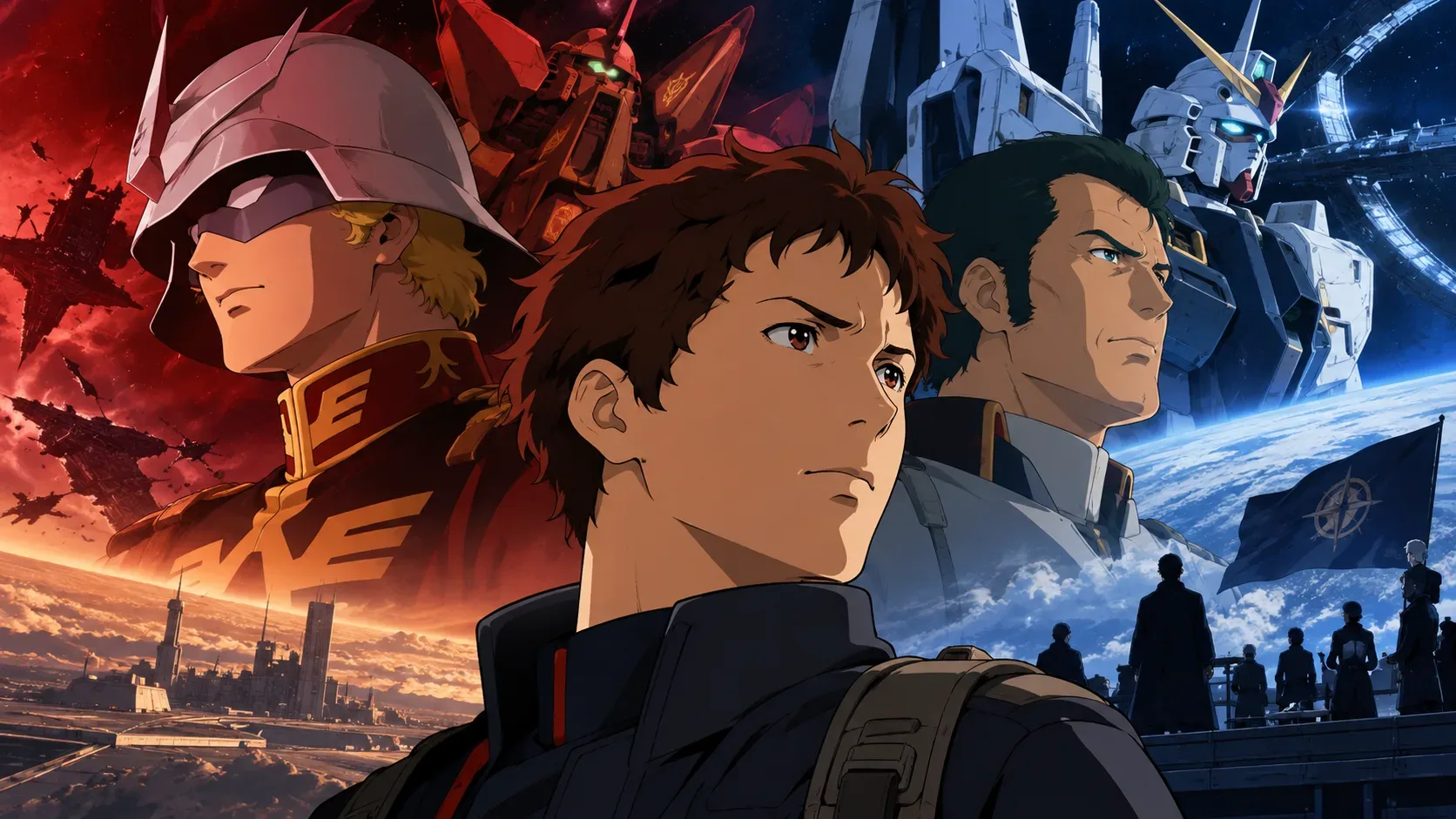 Arte editorial em estilo anime: jovem de cabelos castanhos ao centro, figura de capacete à esquerda e oficial à direita, com robôs gigantes sob luzes vermelhas e azuis.