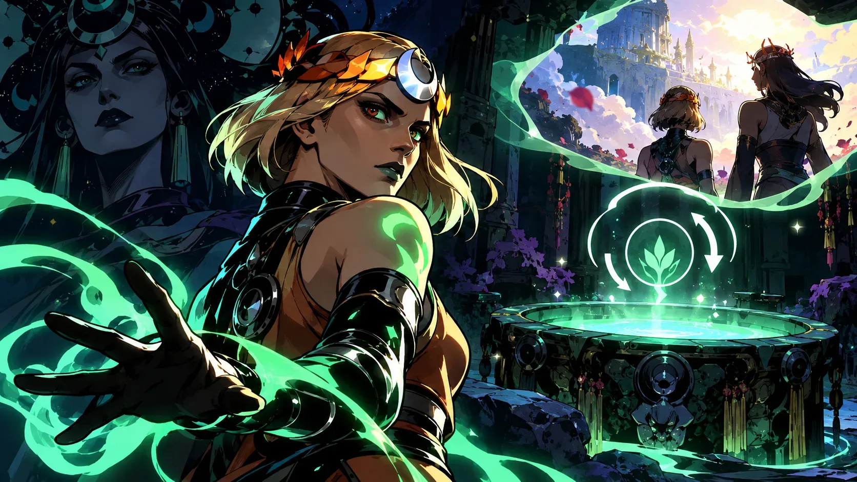 Ilustração fantástica de guerreira de cabelos claros conjurando magia verde ao lado de um caldeirão luminoso, com figuras e construções ao fundo.