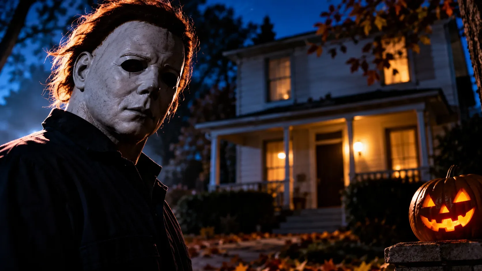 Figura mascarada de branco com macacão escuro diante de uma casa suburbana iluminada à noite, com abóbora de Halloween brilhando à direita.