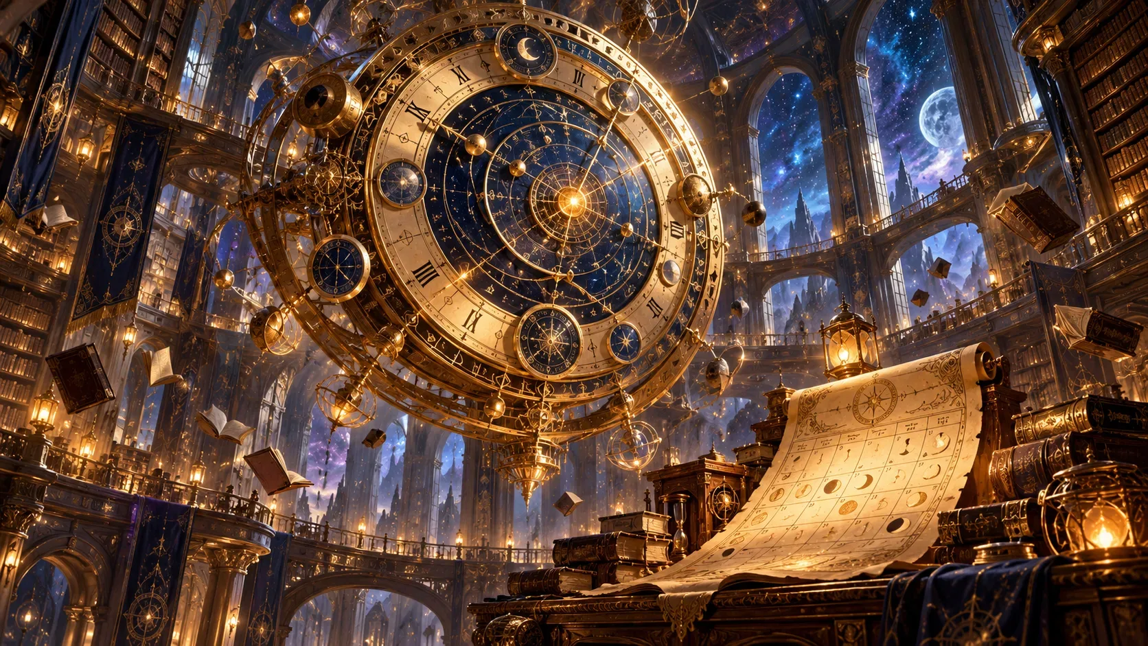 Relógio astronômico dourado suspenso em uma biblioteca fantástica, ao lado de um pergaminho com calendário e de janelas para um céu estrelado.
