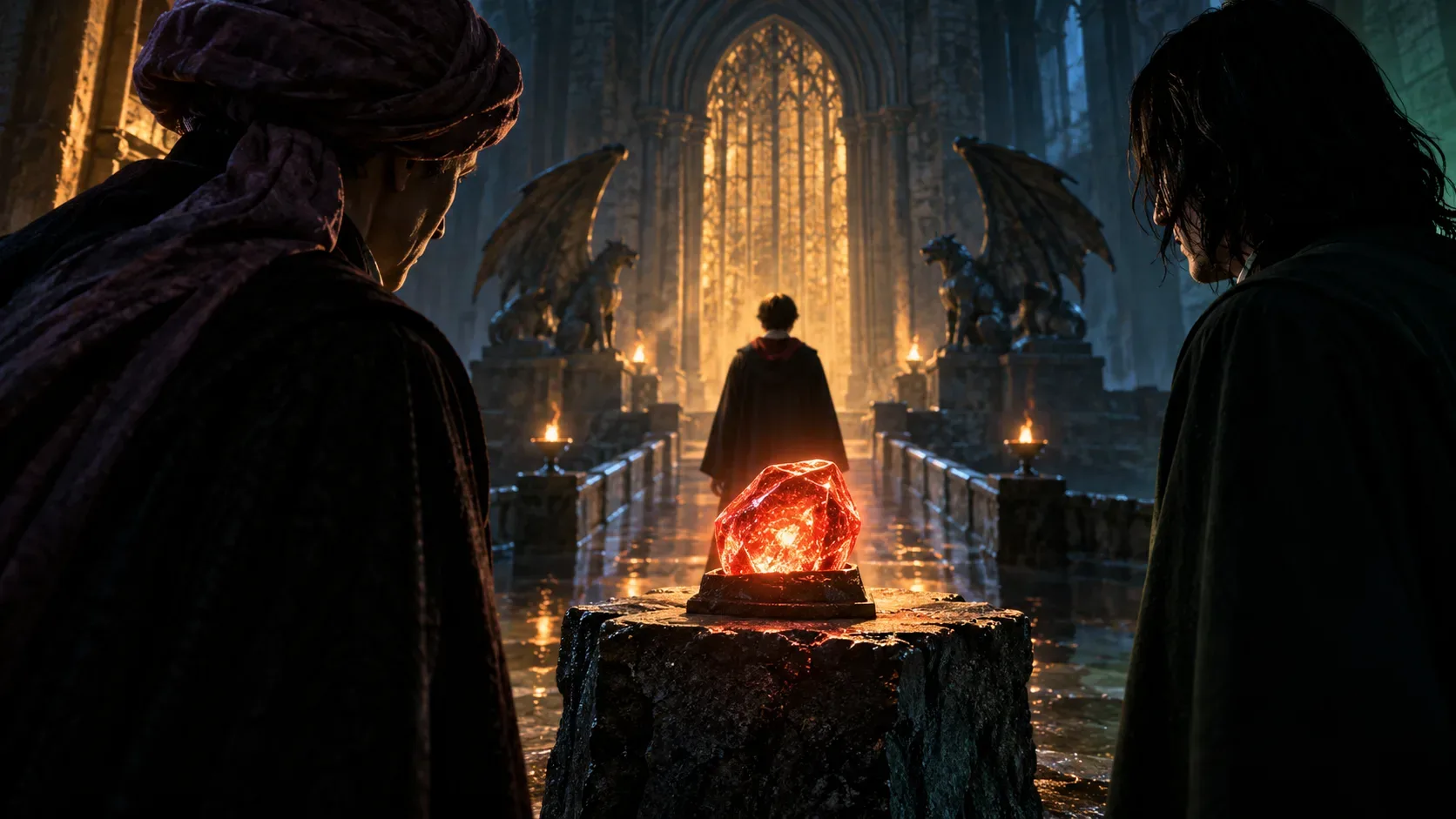 Pedra vermelha luminosa sobre um pedestal em salão gótico, com figura encapuzada ao fundo e duas silhuetas escuras observando nas laterais.