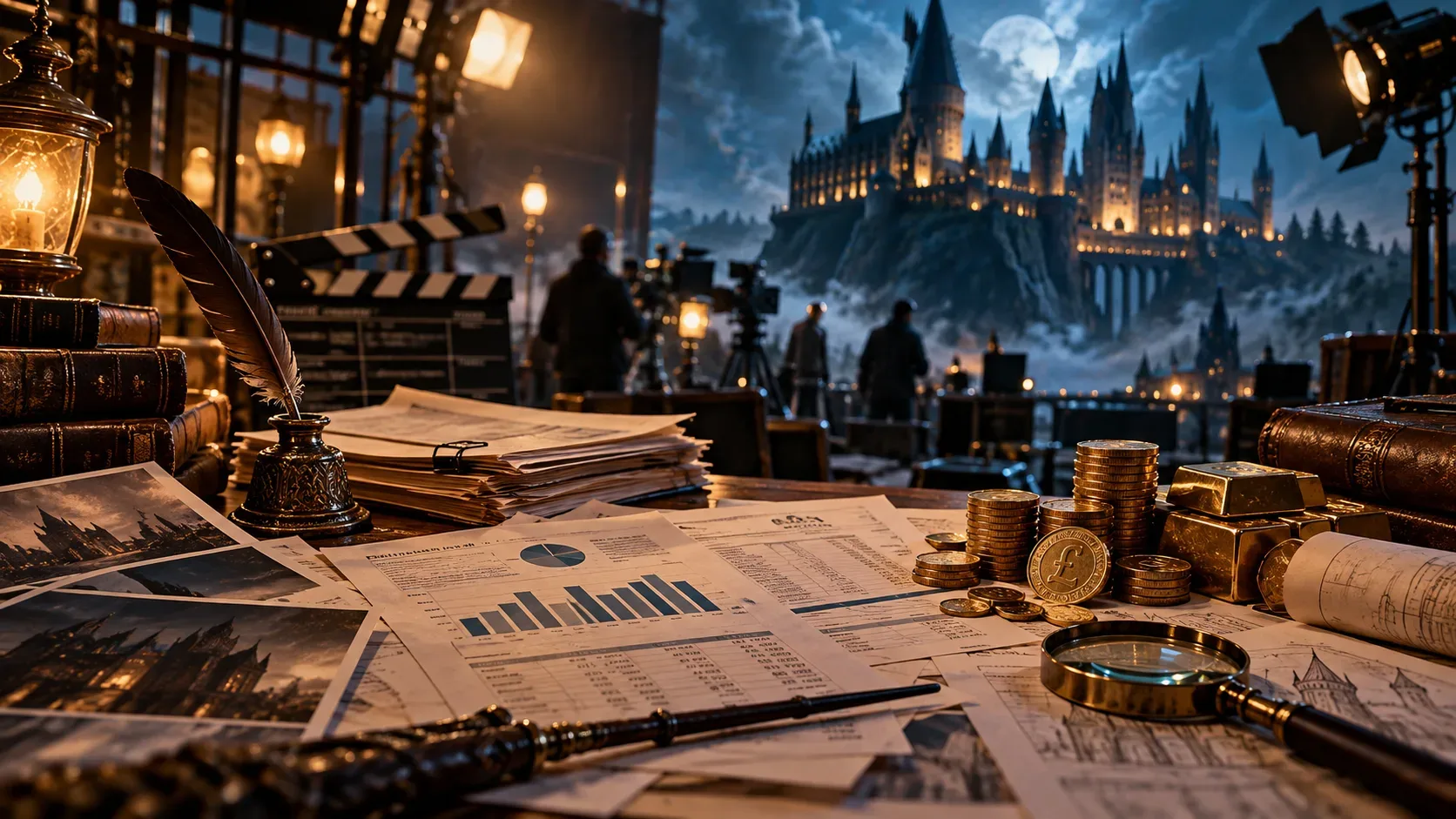 Mesa com relatórios financeiros, moedas douradas, pena e claquete em um set de filmagem, com castelo iluminado ao fundo sob o céu noturno.