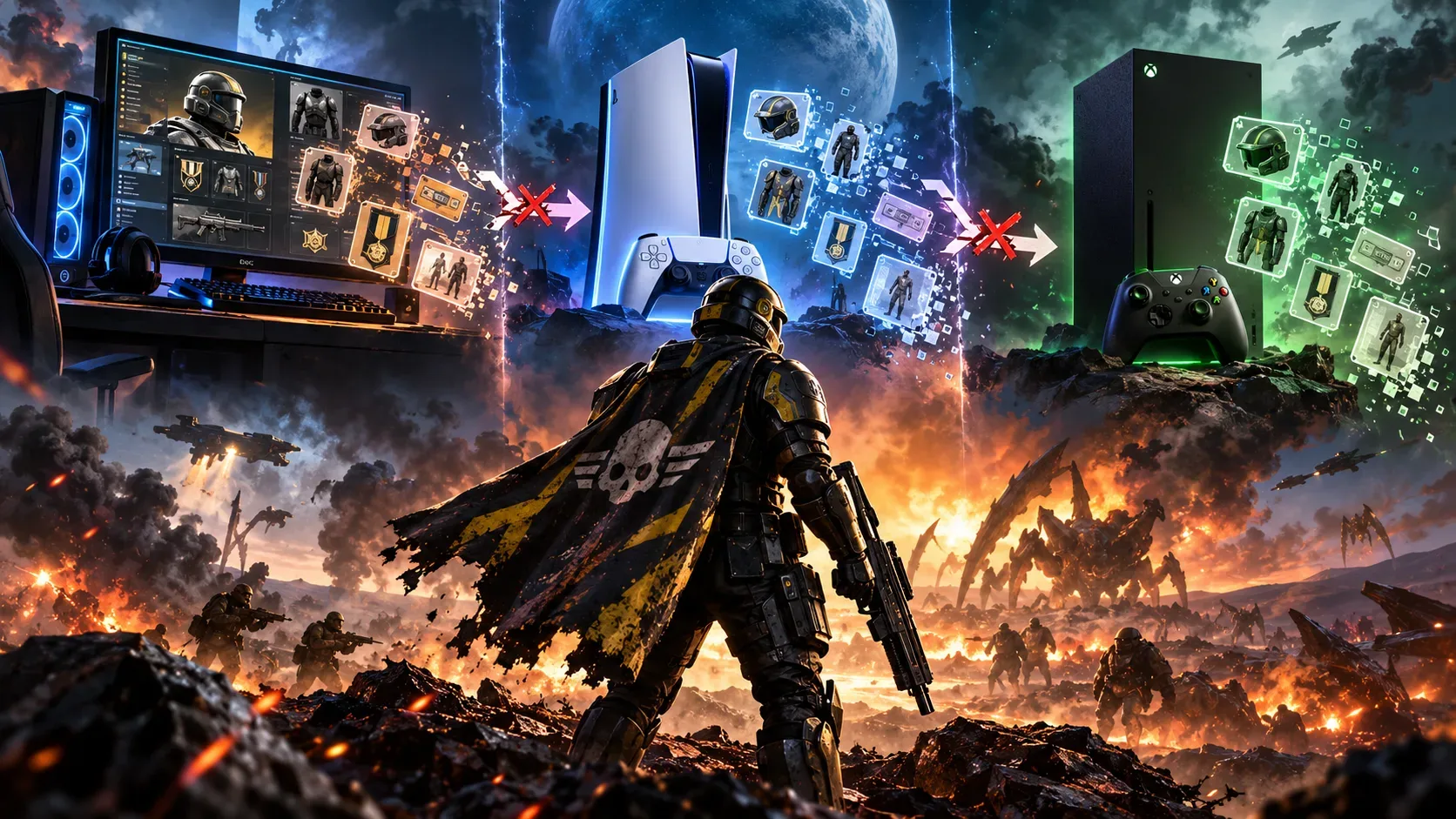 Soldado futurista em campo de batalha diante de PC, console branco e console preto, com equipamentos digitais e setas de transferência interrompidas.